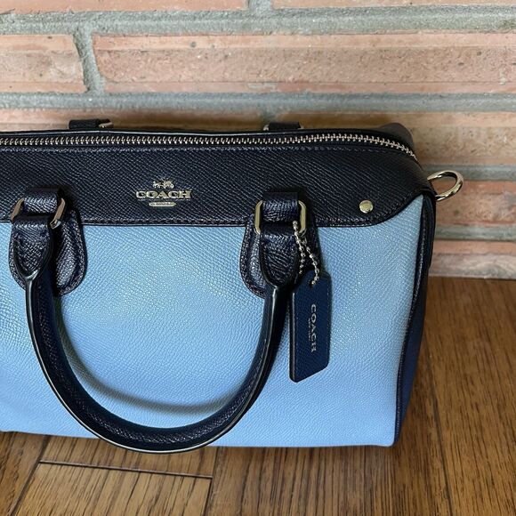 Coach Mini Bennett Satchel Crossbody Bag Blue Geometric Colorblock Leather - Picture 2 of 10